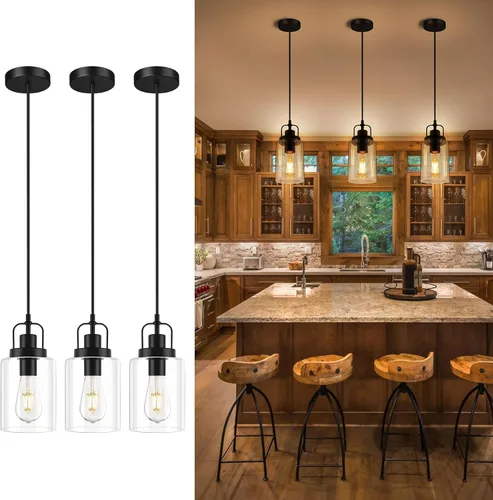 Vista 12 de Lámpara colgante de granja, luces colgantes rústicas negras para isla de cocina, iluminación de techo colgante industrial sobre mesa con pantalla
