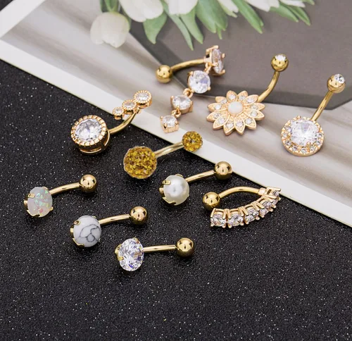 Vista 3 de REVOLIA 10 anillos de ombligo de acero inoxidable de 14 G para mujeres y niñas, anillos de ombligo invertido, circonita cúbica, piedra de mármol