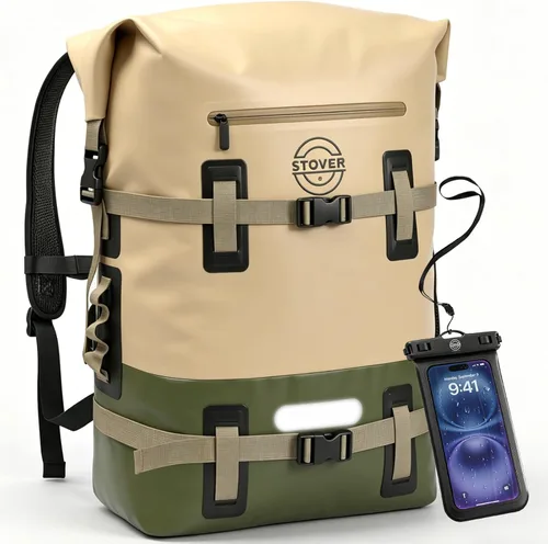 Vista 11 de STOVER - Mochila seca impermeable de 30/40/55L y funda para teléfono, bolsa seca flotante extragrande para kayak, viajes, senderismo, pesca Negro