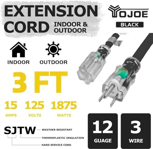 Vista 2 de YOJOE Extensión de cable para interiores y exteriores con extremo iluminado, cable resistente de 3 puntas 15A a prueba de inclemencias del tiempo