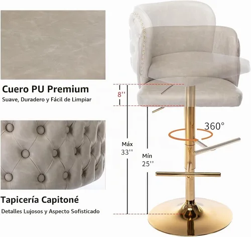 Vista 6 de Juego de 2 taburetes de bar giratorios modernos con altura de mostrador, sillas de bar ajustables de piel sintética capitoné de 25"-33", taburetes