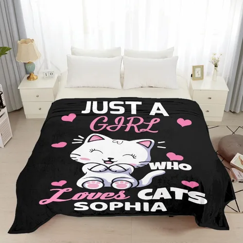 Vista 2 de Manta personalizada con texto en inglés «Just Girl Loves Cats», añade tu propio nombre, mantas de franela personalizadas para niños, perros y gatos