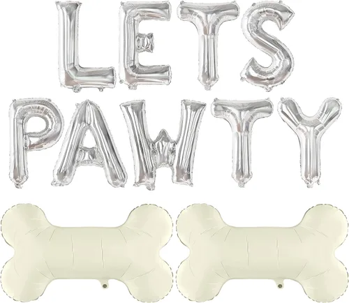 Vista 2 de KatchOn, Silver Lets Pawty Balloons - Paquete de 11 globos para perros, globos de patas Globo negro de hueso de perro para decoraciones