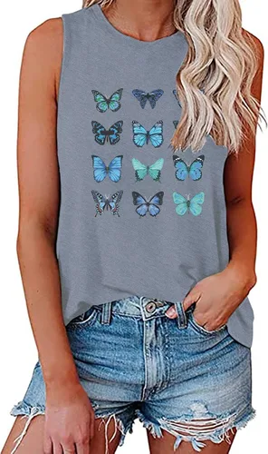 Vista 2 de Plus Size Leather Duster Ladies Summer Casual Round Neck Sleeveless Solid Color Butterfly Print Little Girls