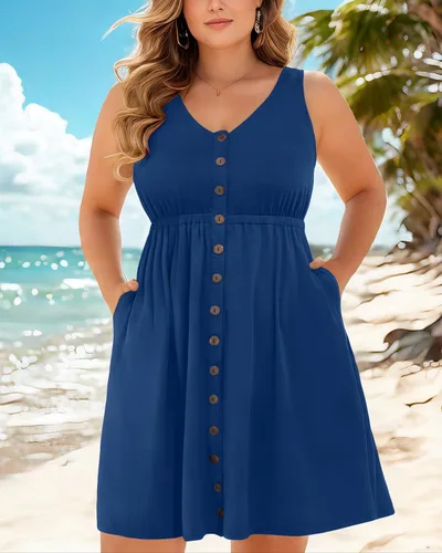 Vista 43 de Holipick Vestidos de verano para mujer, talla grande, casual, con bolsillos, acampanado, con botones, sin mangas, cuello en V