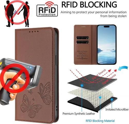 Vista 6 de Butterfly Embossed Leather Wallet Flip Case for Motorola Moto E22i 4G, Magnetic Closure, RFID Blocking Cover, Card Holder Brown.