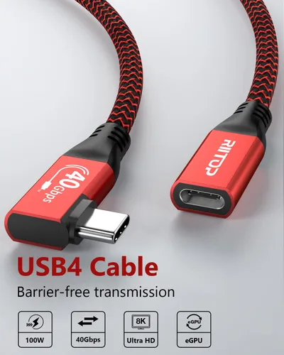 Vista 2 de RIITOP Cable de extensión USB4 de 40 Gbps [2.6 pies, en ángulo], USB tipo C 4.0 macho a hembra, cable en ángulo de 90 grados, compatible