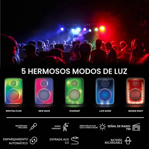 Vista 5 de Coby Spectra True - Altavoz Bluetooth inalámbrico, altavoz portátil con 5 modos de luz y micrófono, radio FM, batería recargable, USB, micro USB