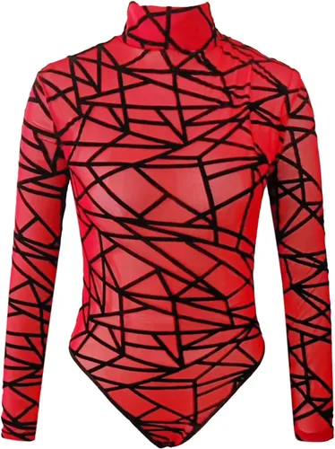 Vista 6 de Body para mujer, overol moldeador para mujer, body sexy de malla de manga larga, overol con leotardo (rojo, M)