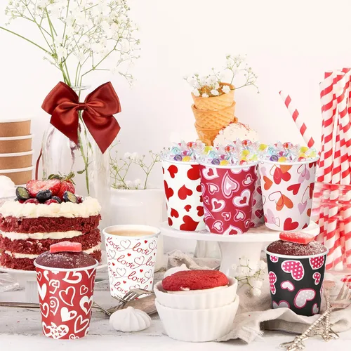 Vista 5 de Roowest 144 vasos desechables para el día de San Valentín, vasos de papel de corazón de 9 onzas, tazas de café de San Valentín para té, bebidas