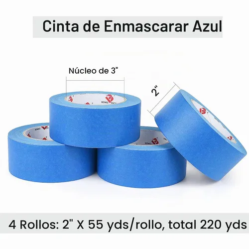 Vista 2 de BOMEI PACK Cinta de Pintor Azul de 2'', Cinta de Pintura de 2 pulgadas x 55 Yardas (220 Yardas Totales) 4 Rollos Cinta de Pintor Azul Cinta