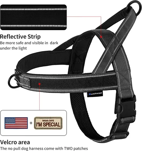 Vista 2 de Annchwool Arnés sin tirones para perro, con mango acolchado suave, tira reflectante a prueba de fugas y ajuste rápido para ajustar el arnés del Negro