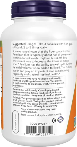 Vista 3 de Now Foods Psyllium Husk Cápsulas 0.02 oz, 5972, 1, 1