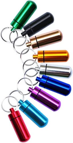 Vista 6 de Pastillero de color morado, mini pastillero de metal, caja de medicamentos de emergencia con funda para llavero, acero inoxidable para viajes al