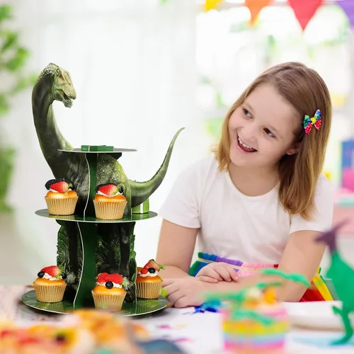Vista 5 de Censen Soporte para cupcakes de dinosaurio de 3 niveles, decoraciones de fiesta con temática de dinosaurio, decoración de torre de postre