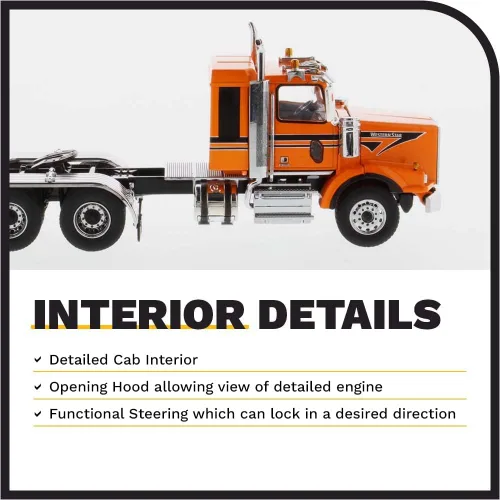 Vista 4 de Diecast Masters Western Star 4900 SB Sleeper Tandem Tractor - Cabina naranja metalizada con rayas negras 1/50