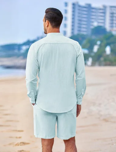 Vista 3 de COOFANDY Conjuntos de lino para hombre, 2 piezas, camisa de manga larga y pantalones cortos casuales con cordón en la cintura, trajes de verano