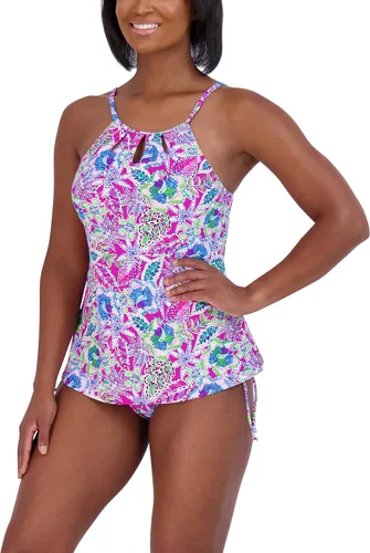 Vista 3 de Conjunto de traje de baño tankini de cuello alto con control de abdomen para mujer, de secado rápido, extraíble, con correa ajustable, con lazo
