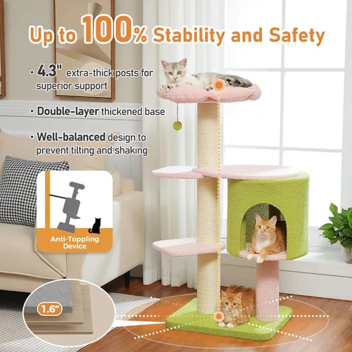 Vista 2 de MUTTROS Árbol para gatos de flores rosas de 50 pulgadas para gatos grandes y pesados, torre Maine Coon para gatos con postes rascadores extra