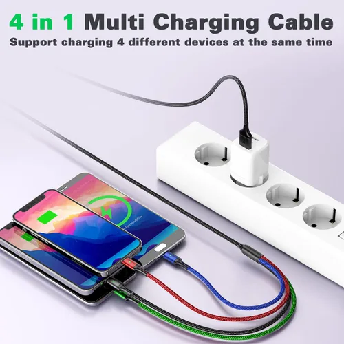 Vista 3 de Cable de carga múltiple de 4A, 5 pies, paquete de 2 cables de carga 4 en 1, cable trenzado múltiple USB C universal con Lightning/tipo C/puerto
