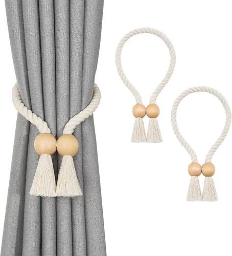 Vista 36 de NICEEC 2 Pack de Alzapaños Magnéticos de Madera en Forma de Cubo Boho para Decoración del Hogar, Alzapaños de Lino Tejidos a Mano para Cortinas Beige