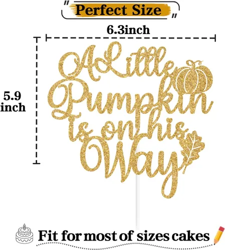 Vista 2 de Decoración para tartas con purpurina dorada "A Little Pumpkin is on His Way", calabaza Oh Boy/A Little Pumpkin is on the Way, decoración de fiesta