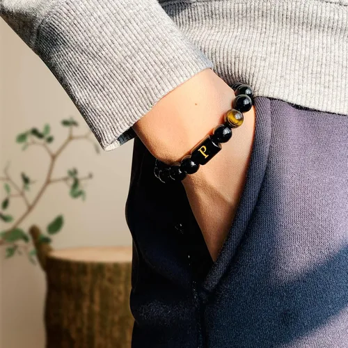 Vista 83 de SUMMER LOVE Regalos para el Día del Padre, pulsera con inicial de piedra de ónix negro de 0.394 pulgadas para hombres, pulsera de cuerda trenzada