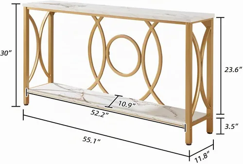 Vista 2 de HOMISSUE Mesa consola de sofá, moderna mesa consola dorada con mesa de mármol sintético, mesas de entrada de madera de ingeniería con almacenamiento