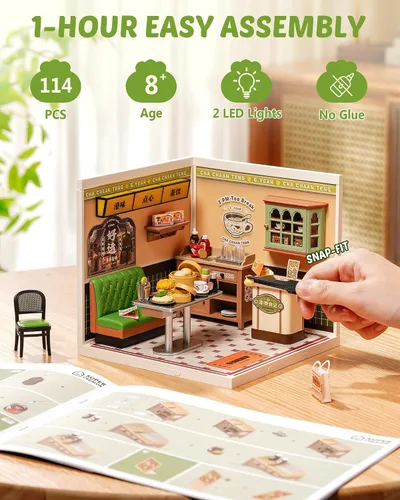 Vista 8 de Rolife Super Creator Series, kit de casa de muñecas DIY Mini Hong Kong Bites Café, construye escenario para figuras de acción coleccionables