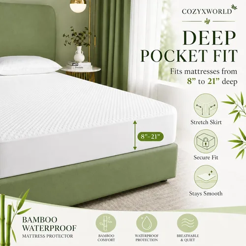 Vista 7 de Protector de colchón impermeable tamaño individual – Funda de colchón de viscosa de bambú refrescante, tela de aire 3D silenciosa, bolsillo profundo
