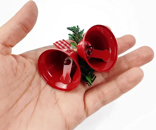 Vista 5 de TIHOOD 6 piezas campanas rojas de Navidad de 3 pulgadas, adorno colgante de árbol campanas de metal con cascabel para decoración navideña