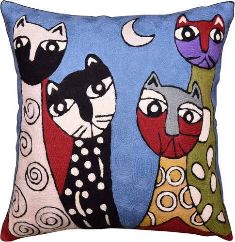 Vista 10 de Funda de almohada lumbar Picasso - Cojín abstracto de gatitos azules - Lana bordada a mano tamaño 14 x 20 Almohada lumbar Blue Cats