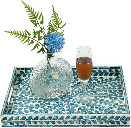 Vista 7 de Bandeja de Servir 15.7" X 11.8", Bandeja de Incrustación de Madre de Perla Lacada en Mosaico, Bandeja de Madera de Mármol Rectangular con Asas