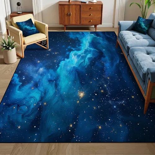 Vista 33 de Alfombra galaxia de 2 x 3 pies para habitación de niños, alfombra de cielo estrellado de pelo bajo, antideslizante, lavable, alfombra nebulosa