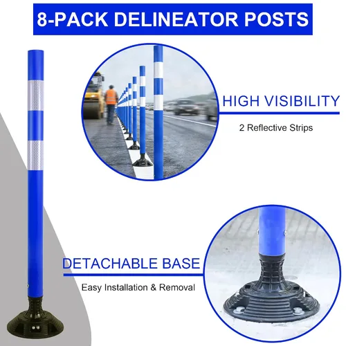 Vista 4 de OrangeStar Paquete de 8 conos de tráfico azules con base de resorte, postes de delineador de 48 pulgadas con rayas reflectantes para seguridad vial
