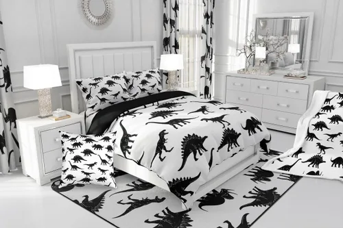 Vista 6 de Alfombras de dinosaurio para sala de estar, dormitorio, alfombra antideslizante de 3 x 5 pies, para niños, mujeres y hombres, blanco y negro
