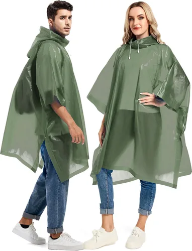 Vista 60 de Paquete de 2 ponchos de lluvia para adultos, reutilizables, impermeables, de supervivencia, emergencia, resistente, con capucha con cordón