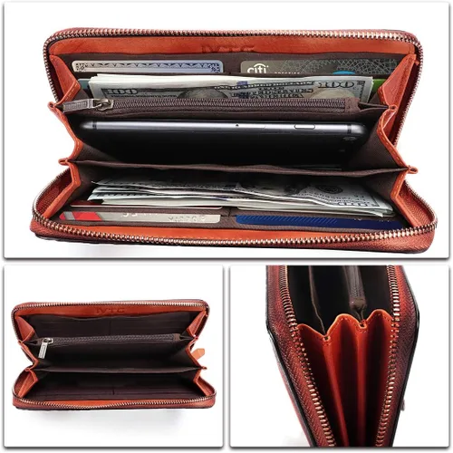 Vista 6 de IVTG Cartera de cuero genuino con cremallera alrededor de la pulsera bolso largo vintage en relieve de piel de vaca capacidad embrague hecho a mano