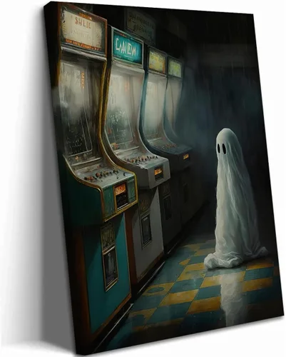 Vista 13 de Obras de arte en lienzo de fantasmas de Halloween para baño, decoración de pared con fantasmas de terror y lindo gato negro en la bañera, pinturas