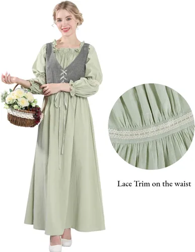 Vista 4 de Nuoqi Colonial Dress Women Green Pioneer Dress Adult Prairie Dress Costume with Apron 4 Pcs Set