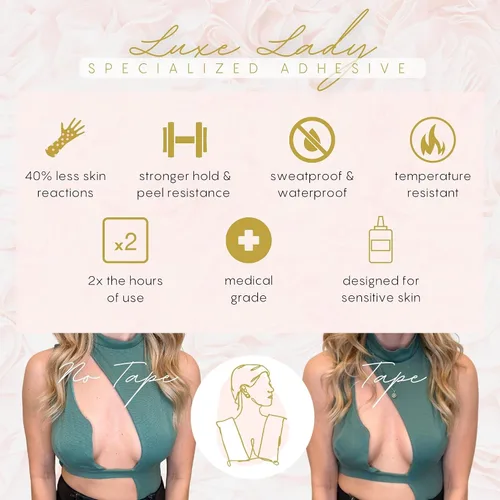 Vista 8 de Luxe Lady - Cinta adhesiva de doble cara para levantamiento de senos, cinta de moda de doble cara para ropa + fundas reutilizables con acabado mate