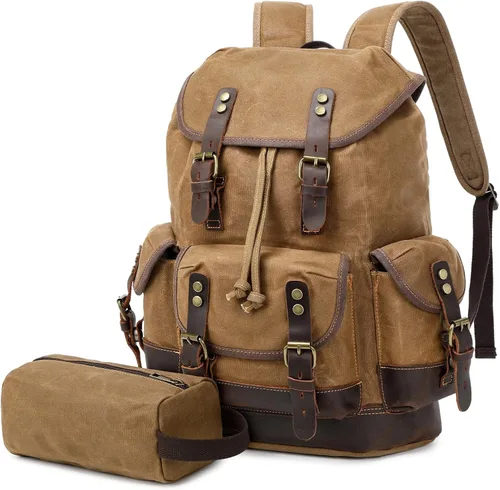 Vista 10 de Wogarl Mochila de lona de cuero vintage, Verde militar, Mediana, Ocio