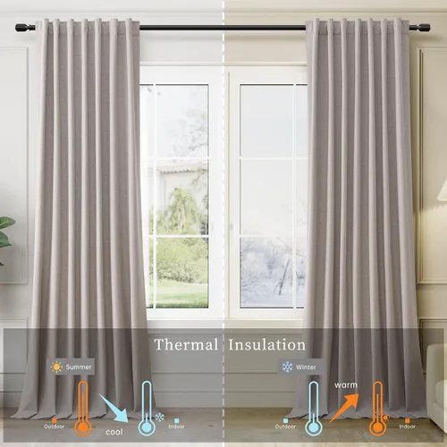 Vista 6 de BOODII Cortinas de lino 100% opacas para dormitorio de 108 pulgadas de largo, con aislamiento térmico, oscurecimiento de la habitación, cortinas