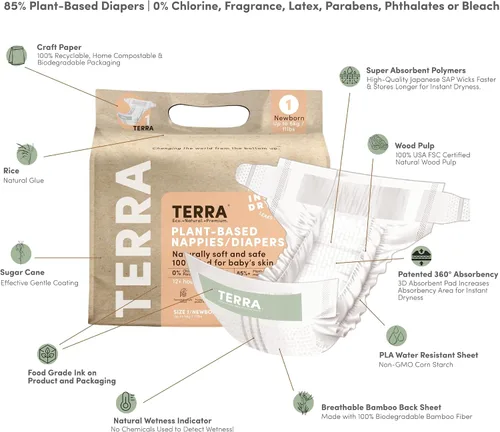 Vista 3 de Terra Pañales para recién nacidos de talla 1: 85% a base de plantas, ultra suaves y sin químicos para pieles sensibles, absorción superior para día