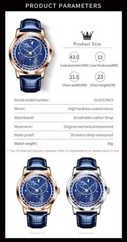 Vista 6 de OLEVS Reloj para hombre esfera de cielo estrellado Universo de Vía Láctea cuerda automática correa de cuero azul vestido de moda impermeable