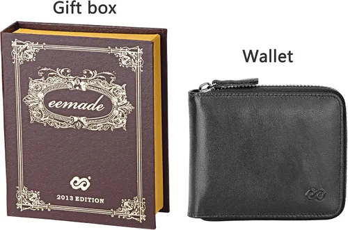 Vista 2 de ee Cartera de cuero con cremallera para hombre, con bloqueo RFID, con cremallera alrededor de la cartera, plegable, con múltiples tarjeteros, Negro