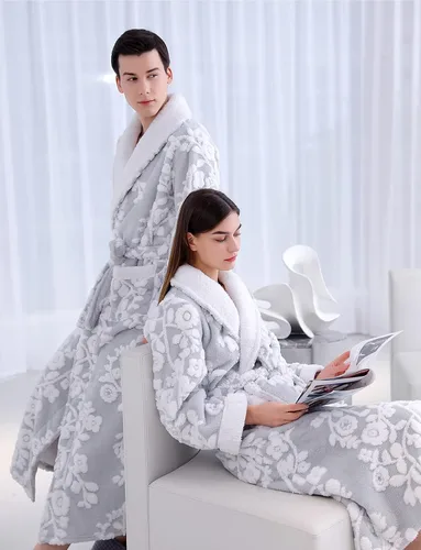 Vista 4 de Bata de baño de forro polar para mujer, larga y cálida, de lujo, mullida, con patrón jacquard