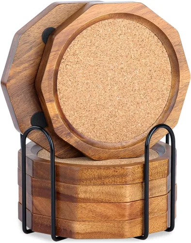 Vista 8 de Posavasos de Madera para Bebidas Absorbentes con Borde, 4.3 Pulgadas Posavasos Rústicos de Acacia Negra con Soporte de Feltro para Mesa de Café