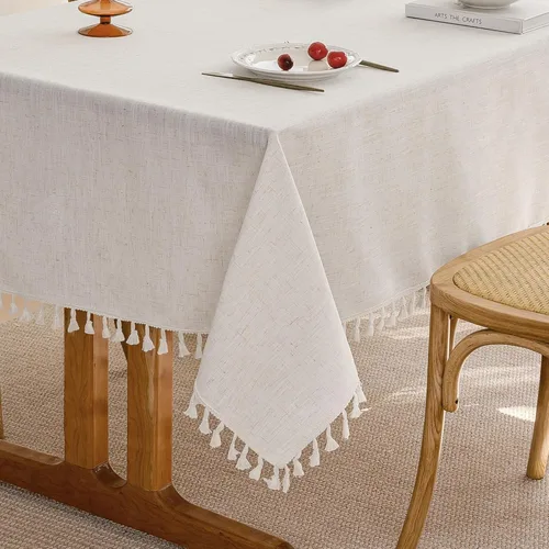 Vista 12 de Mantel rectangular de lino beige crema para comedor y cocina, mantel rectangular de arpillera de lino con borlas, resistente, rústico, campestre