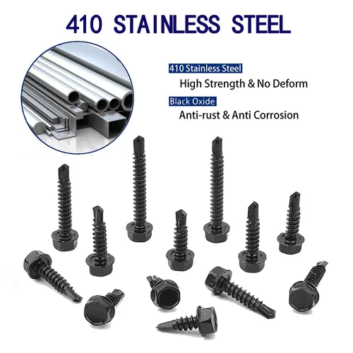 Vista 7 de 100 tornillos autoperforantes de acero inoxidable 410 #8x1 para placas de metal, cabeza hexagonal negra, de alta resistencia y resistente a